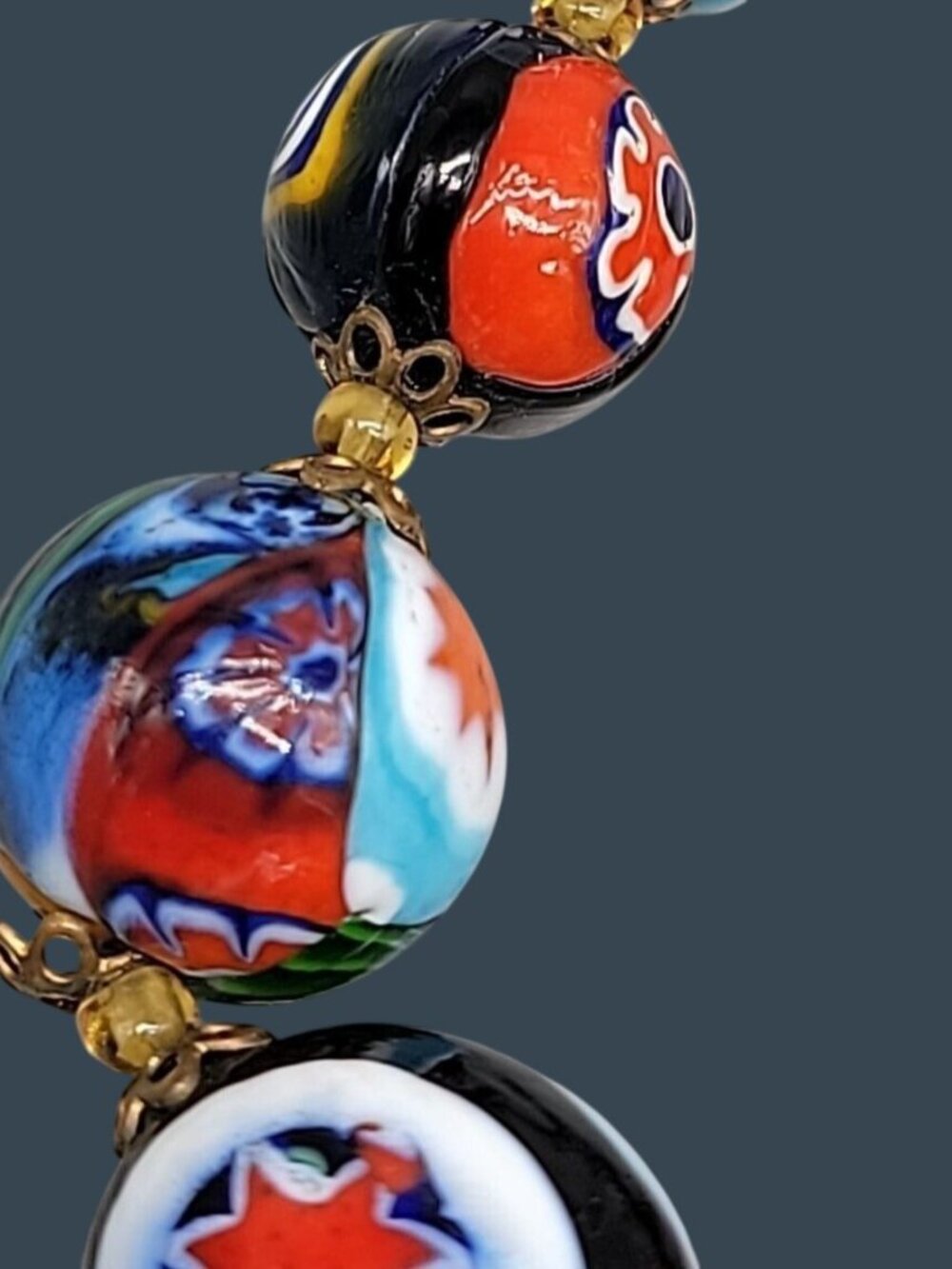 Antique Venetian Millefiori Murano Glass Bead Necklace 23" Graduated Black 16mm - Picture 6 of 16